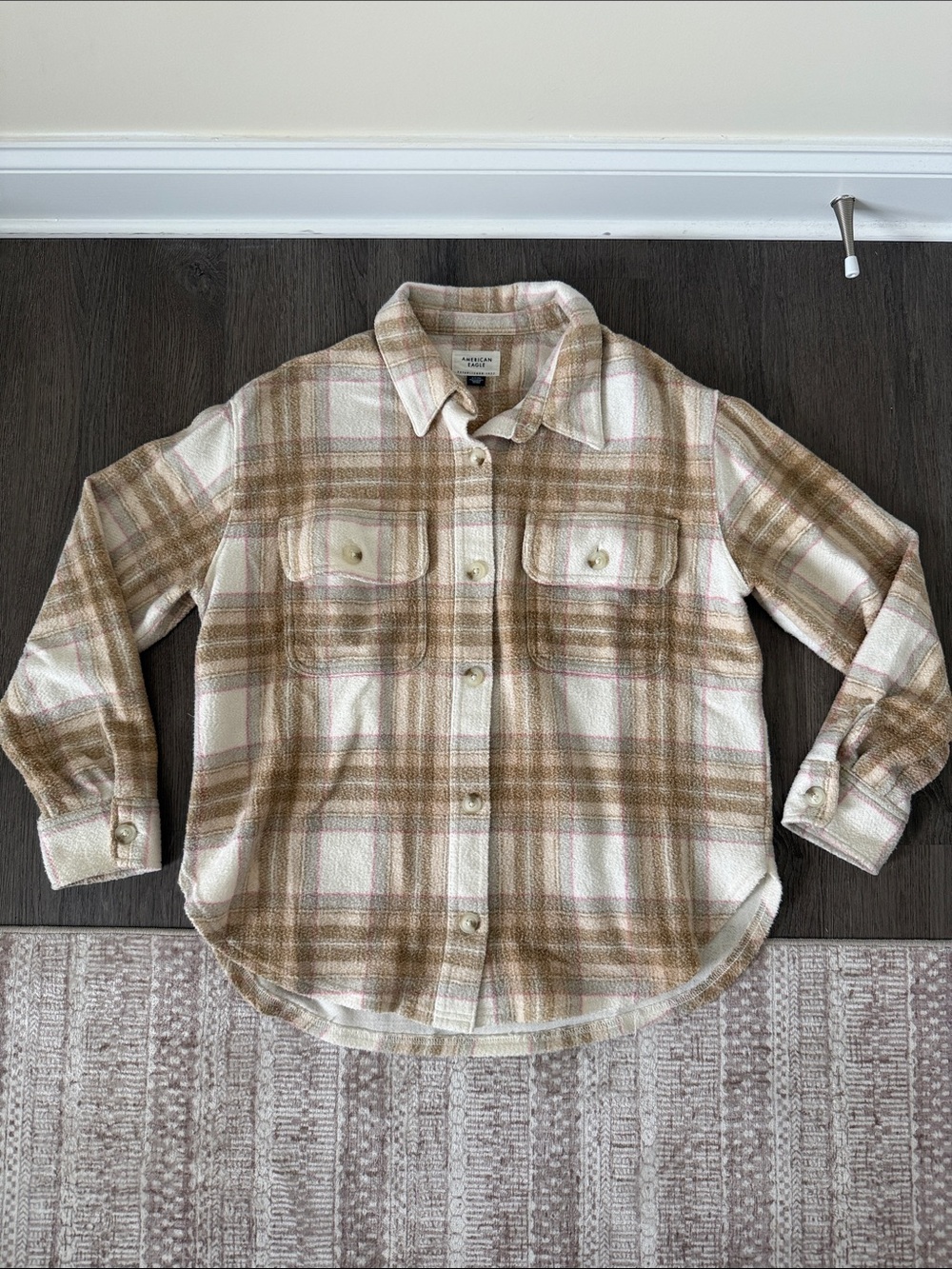 American Eagle Plaid Shacket in Tan, Cream & Pink